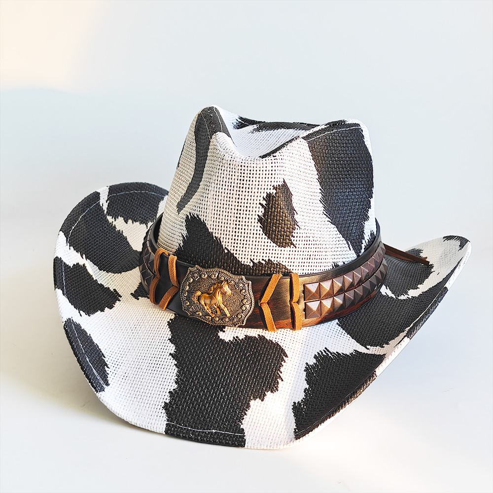 Cowboy Hat Straw - Vintage Cow Print Western Cowboy Hat
